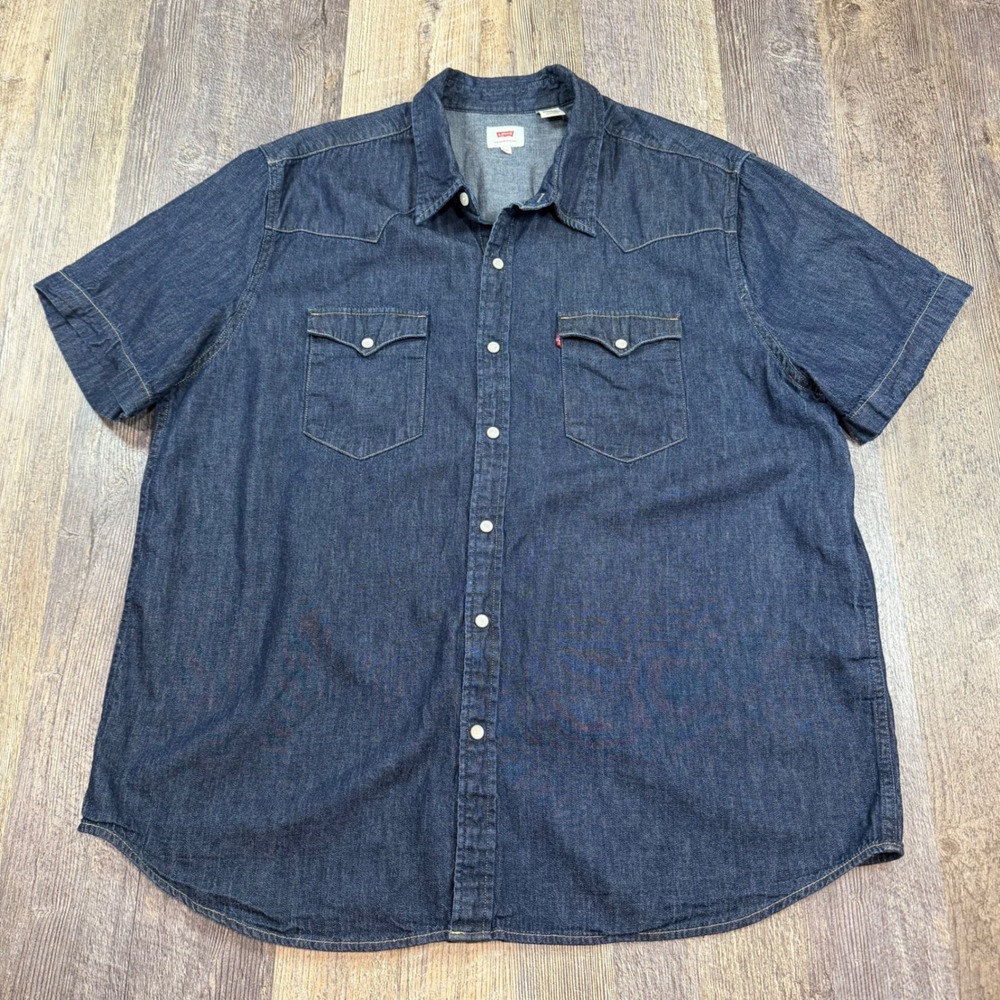 Levis Western Shirt Mens XXL Dark Blue Short Sleeve Pearl Snap Denim Cotton